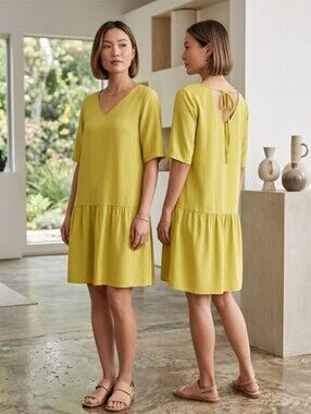 Eileen Fisher Petite Lagenlook Chartruse Yellow Tencel Shift Dress Size PP